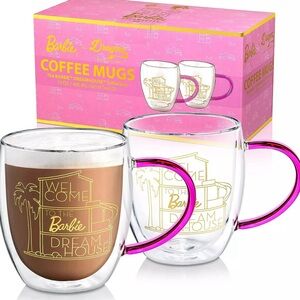 X Barbie Glass Coffee Mugs, Barbie Dreamhouse Collection, Clear Double Wall